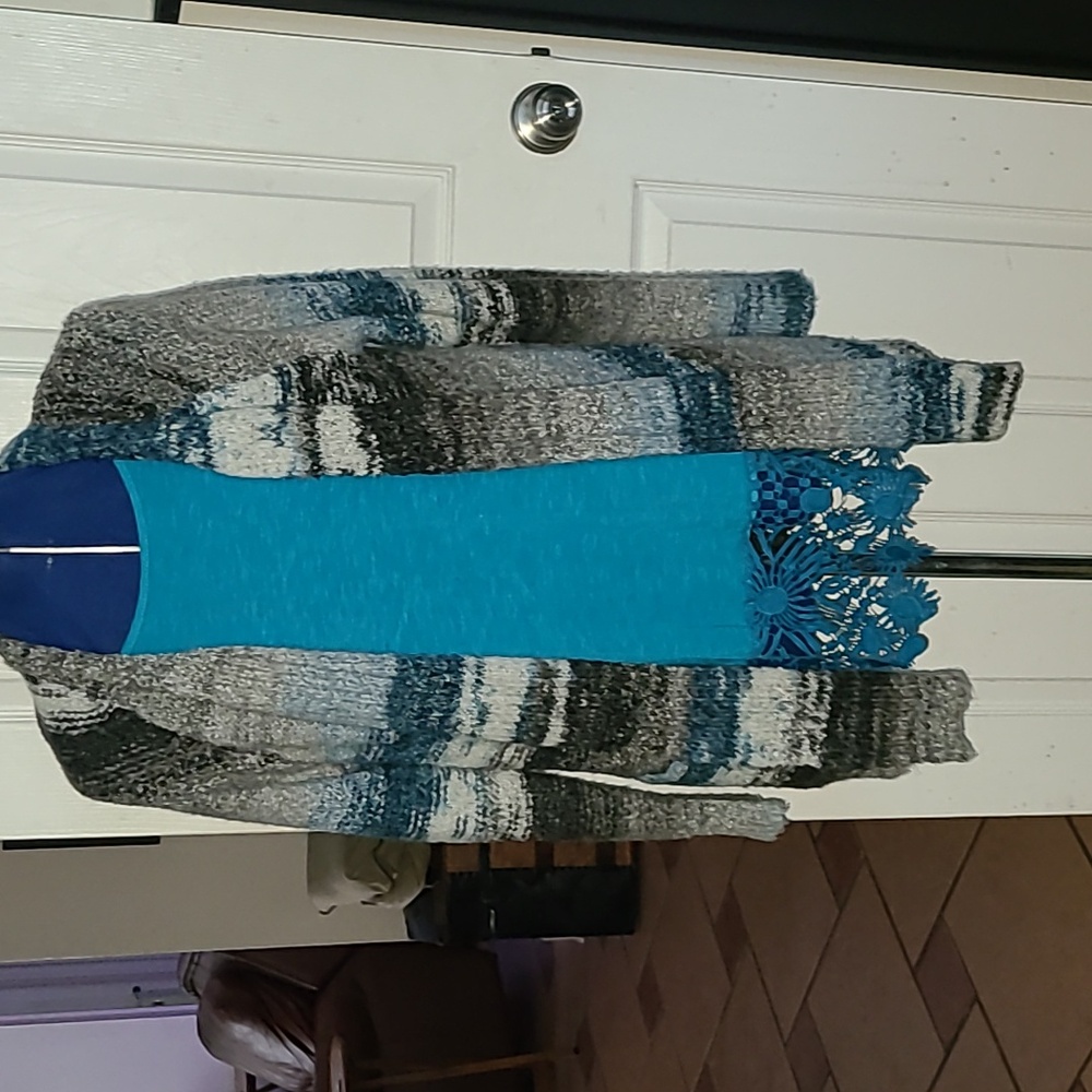Ruby Rd. Blue and Gray Open Front Knit Cardigan